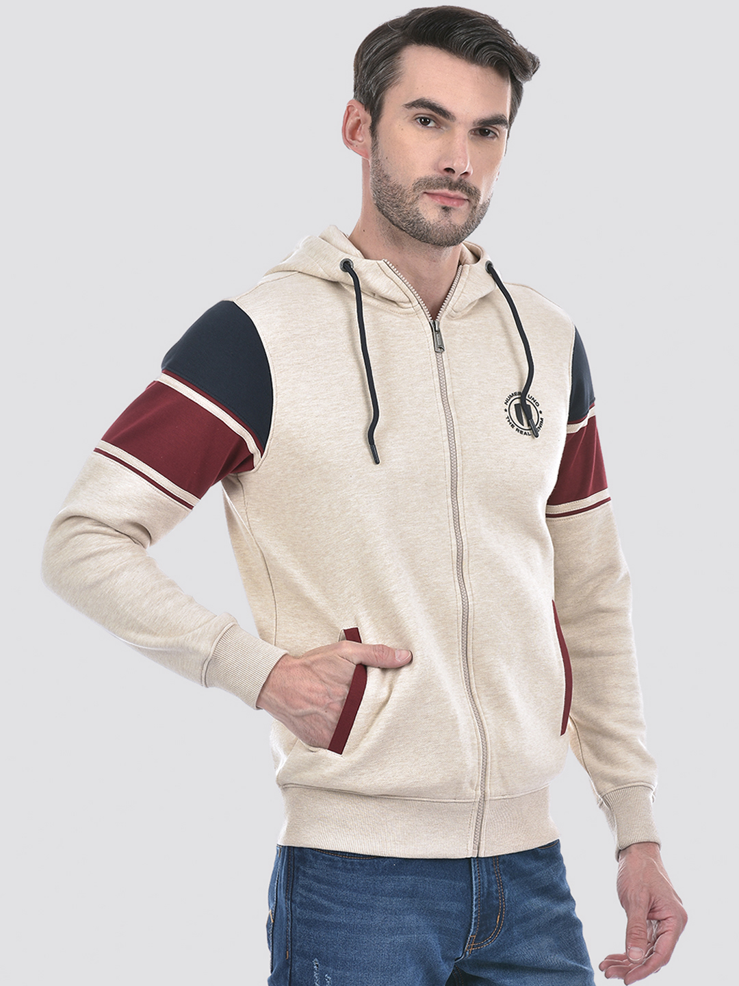 Numero Uno Men Cream Color Block Hooded Neck Brushed Fleece Sweatshirt